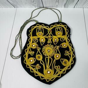 Vintage Gold Beaded Velvet Shoulder Evening Bag Glam Gothic Ottoman Zipper